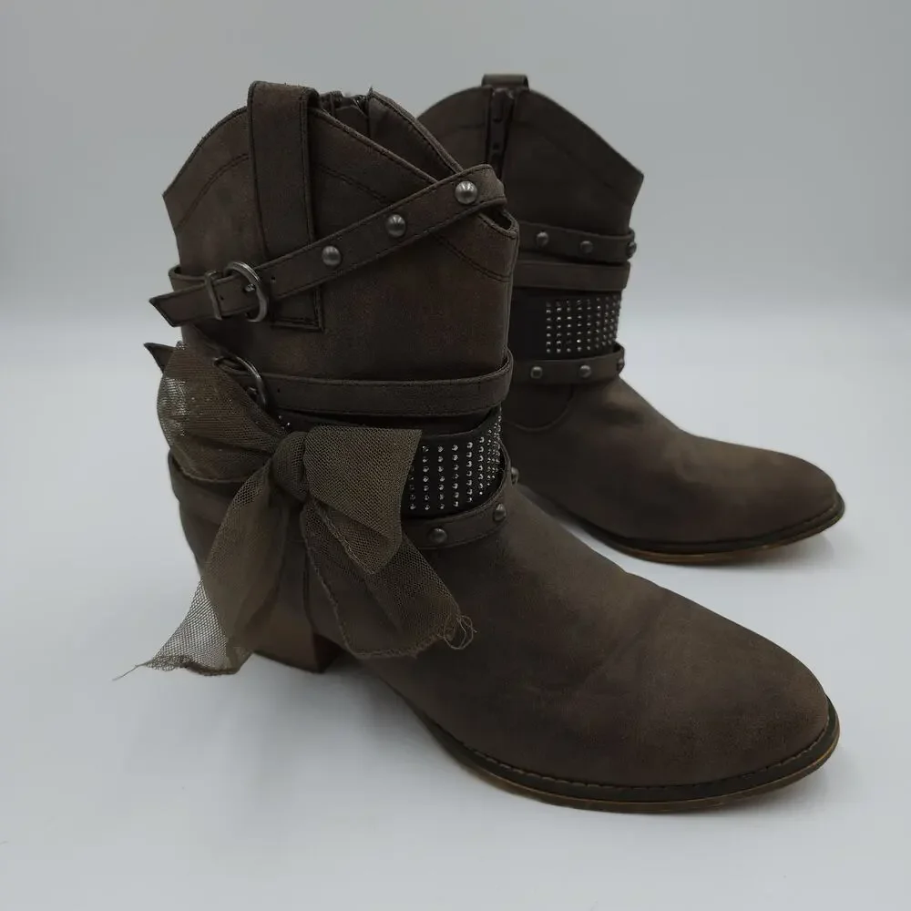 HOT TOMATO RANGER Strappy Embellished Ankle Boots in Brown Size 9.5